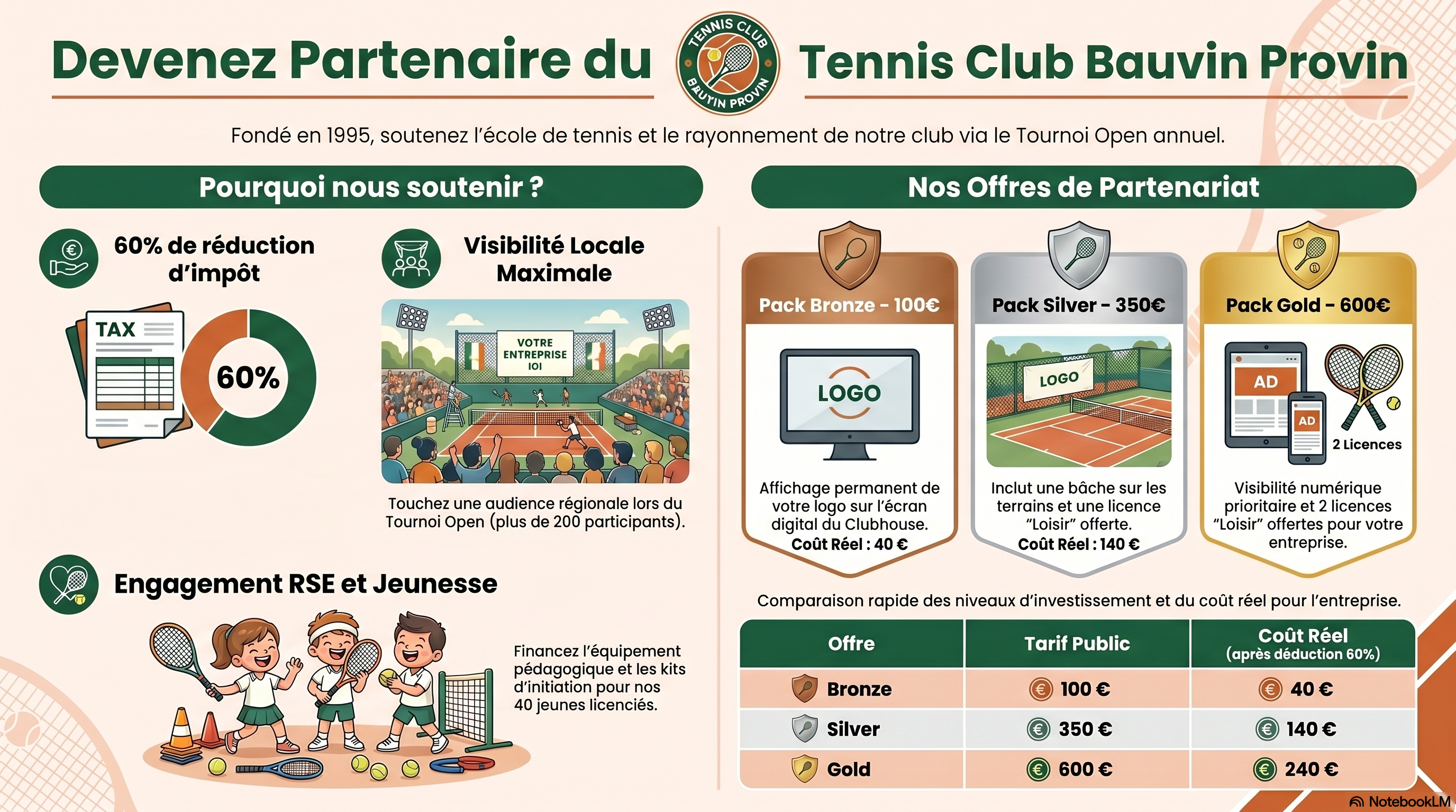Affiche : devenez partenaire du Tennis Club Bauvin-Provin — packs Bronze, Silver et Gold